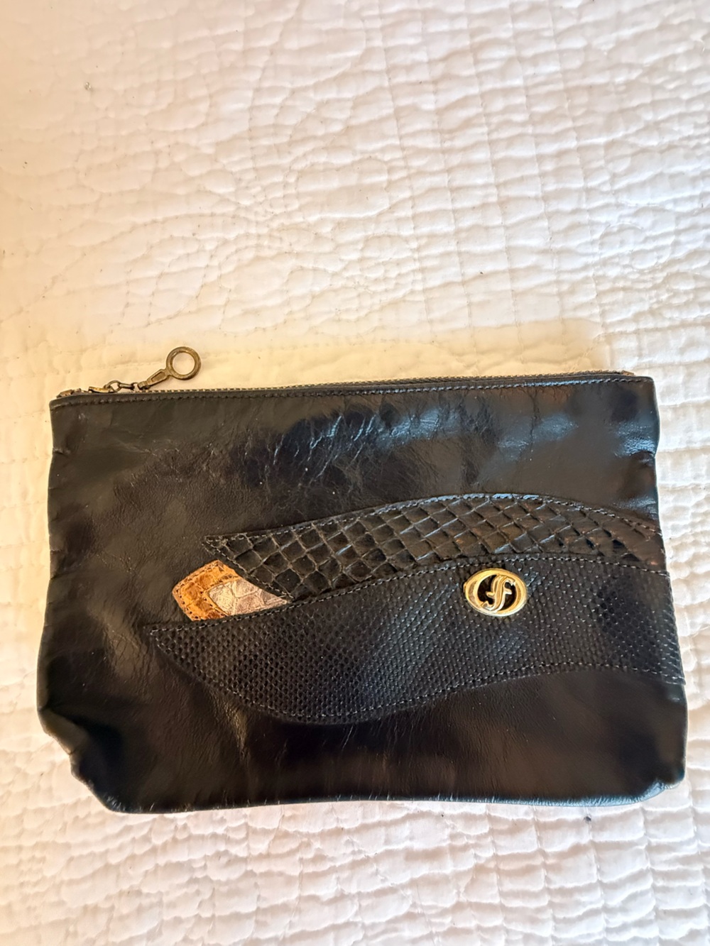 Black Leather Wristlet Clutch with Gold Accent